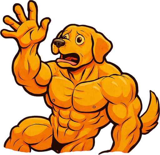Super buff Golden dog with a hand up laying falling in lava holding his hand out for help. full body. Facing right.
2d.