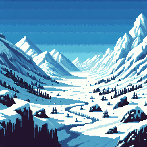 white snowy valley background. Single Game Texture. In-Game asset. 2d. High contrast. No shadows. pixelated. 8 bit