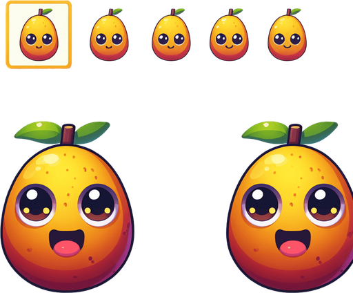 mango fruit  with eye and mouth animation..
Single Game Texture.  In-Game asset.  2d.  Blank background.  High contrast.  No shadows