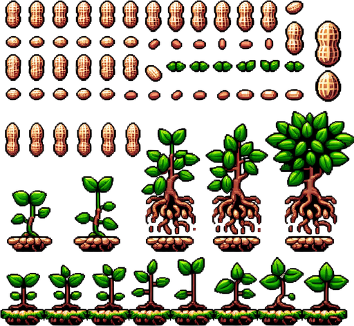 A spritesheet showing a peanutplant in various stages of germantion, from seed over sapling and to full grown plant with ripe peanuts. The sprites should be laid out in a rectangular grid with blank space between them..
Single Game Texture. In-Game asset. 2d. Blank background. High contrast. No shadows.