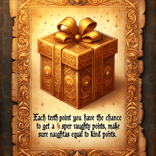 a pergament with a golden present at top, at the bottom there is the text: "Each tenth point you have the change to get a super Present, make sure naughty points are equal to kind points"