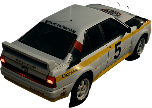 Photorealistic white audi b2 quattro RALLYCAR with YELLOW LIVERY AND red,grey,black stripes livery, drone topview from back in night. Angle should be 45 degrees in the top right corner of the screen.