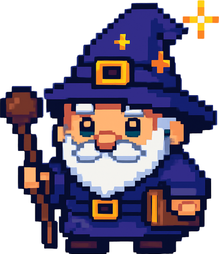 El mago debe ser un personaje pequeño y encantador, con una túnica azul oscuro o morada, un sombrero puntiagudo con estrellas o una hebilla dorada, barba blanca corta y ojos brillantes que transmitan sabiduría y simpatía; su cuerpo debe ser compacto y redondeado, estilo caricatura o pixel art, con detalles sencillos pero reconocibles como un bastón en la mano o un libro colgando; puede tener una animación sutil como parpadeo, movimiento de barba o chispa mágica en la punta del sombrero, y el fondo debe ser transparente para integrarse bien en un entorno colorido y fantástico.
In-Game asset.  2d.  High contrast.  No shadows