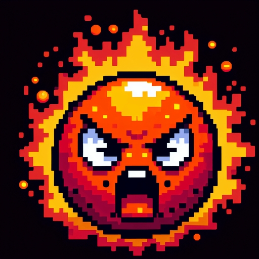 Fireball with angry face.
Single Game Texture. In-Game asset. 2d. Blank background. High contrast. No shadows. 8 bit
