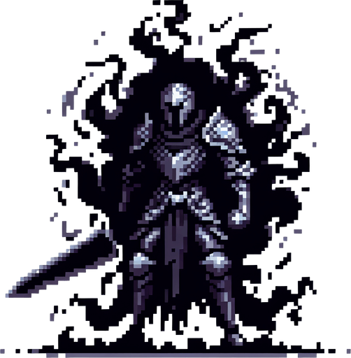 pixel art of an evil fantasy knight. Full body, legs obscured by black mist.
Single Game Texture. In-Game asset. 2d. Blank background. High contrast. No shadows.