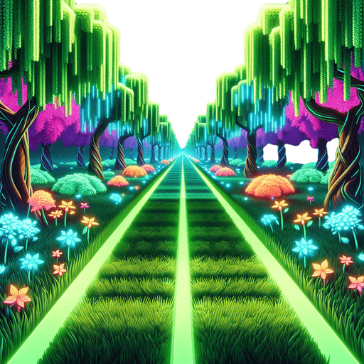"A straight grassy path with glowing green neon edges, lined with vibrant flowers and futuristic-looking trees on both sides. The background is in a cyberpunk style with soft glowing grass, bioluminescent flowers, and stylized trees with colorful leaves. Bright, clean night setting with a subtle purple-blue sky glow in the distance, suitable for a side-scrolling neon runner game. Stylized, vibrant, 2D art.".
Single Game Texture.  In-Game asset.  2d.  Blank background.  High contrast.  No shadows