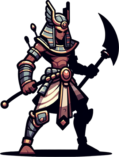 An animated image of an egyptian warrior.
Single Game Texture. In-Game asset. 2d. Blank background. High contrast. No shadows.