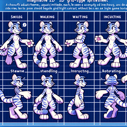 A spritesheet with a number of poses of an happy little tigergirl in a swimsuit, smiling, walking, waiting, standing, ordering, turning, etc. all seen from the side.The spritesheet should be laid out in a rectangular grid with clear space between each individual sprite. Each sprite in the sheet should be around 300x600 pixels in size.
Single Game Texture. In-Game asset. 2d. Blank background. High contrast. No shadows.