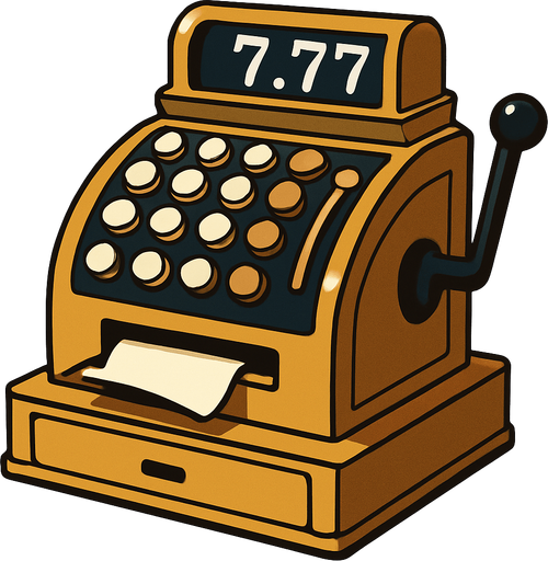 An old style cash register. The numeric read out says 7.77. Anime style..
In-Game asset.  2d.  High contrast.  No shadows