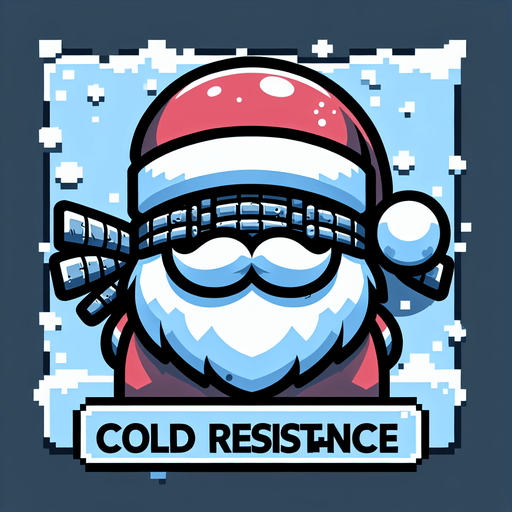Icon for santas cold resistence, cartoon, with the text: „Cold Resistence“ at top Single Game Texture. In-Game asset. 2d. Blank background. High contrast. No shadows.