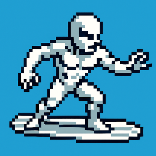 PİXEL ART SİLVER SURFER.
In-Game asset.  2d.  High contrast.  No shadows