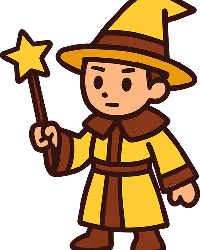 Mago con sombrero amarillo y marrón sin barba con varita con estrella sin barba, de cuerpo entero.
In-Game asset.  2d.  High contrast.  No shadows