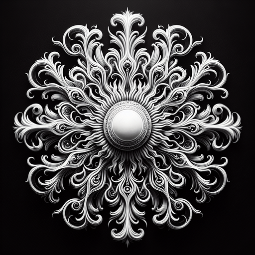 plain white intricate sun icon. black background