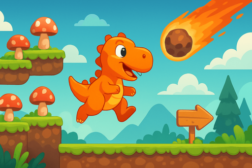 Fullscreen modern App Store landscape banner, 16:9, high definition, for a game titled "Dino Mantar Macerası" and with the description "Sevimli bir dinozorla platformlarda zıplayıp mantar topla, düşmanlardan ve meteorlardan kaç, 10 mantar sonrası tabeladan yeni seviyeye geç!". No text on banner!