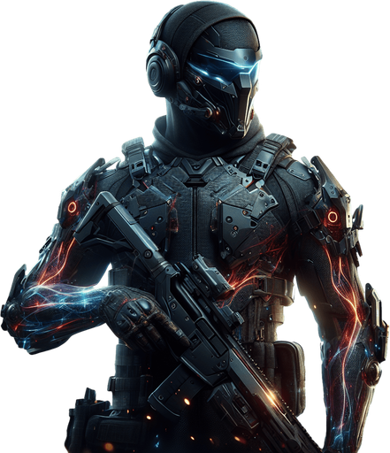 Create an image of a dynamic, powerful hero in a futuristic, action-packed setting. The hero is wearing a sleek, dark armored suit with metallic accents that reflect light. The suit features high-tech elements, such as glowing blue and red energy lines running across the chest and limbs, and advanced weaponry mounted on the arms. The hero’s face is partially visible behind a helmet with a visor, showing intense determination. They stand confidently in a battle-ready pose, with a backdrop of a city in ruins, engulfed in smoke and flames. In the hero's hand, there’s a futuristic gun that looks like a high-powered sniper rifle, glowing with energy. The atmosphere is tense, with sparks flying around as if from recent explosions.".
Single Game Texture. In-Game asset. 2d. Blank background. High contrast. No shadows.
