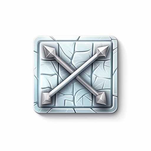 Single square button with bow and arrow on it. Metal button
Game Texture. In-Game asset. 2d. Pixelart. White background. Blank background. Low detail. High contrast.