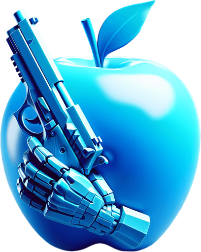a blue apple with a gun.
In-Game asset. Blank background. High contrast.