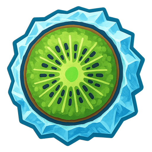 Frozen kiwi.
Single Game Texture.  In-Game asset.  2d.  Blank background.  High contrast.  No shadows