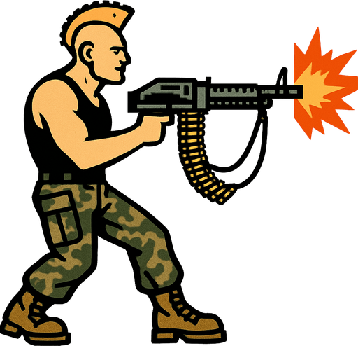 un hombre de 90 kilos rubio con un mohicano con una camiseta de tirantes negra con pantalones de militar disparando un m60 sin brazo con la perspectiva lateral de cuerpo completo.
In-Game asset.  2d.  High contrast.  No shadows