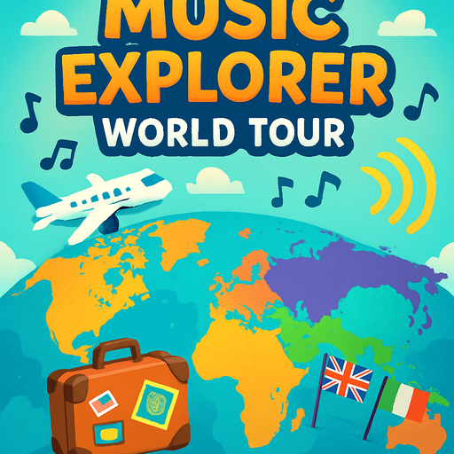 A vibrant, 2D digital illustration of a game title screen for a mobile game called "Music Explorer: World Tour". The background shows a colorful world map faded into the backdrop, with cartoon-style travel elements like a flying airplane, musical notes floating across the sky, sound waves, a suitcase with passport stickers, and flags of different countries . The top area is open and softly glowing for placing the title text. The bottom center has space for a large, fun "Start Journey" button. The style is clean, playful, and polished, perfect for kids and casual players..
In-Game asset.  2d.  High contrast.  No shadows
