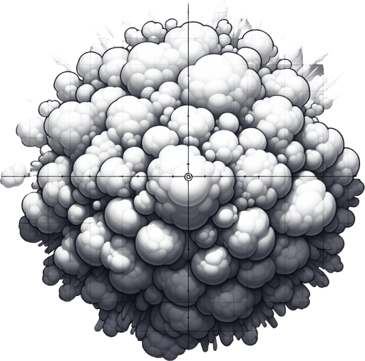 Cloud puff explosion, grayscale, seen from topdown. Circular.
Single Game Texture. In-Game asset. 2d. Blank background. High contrast. No shadows.