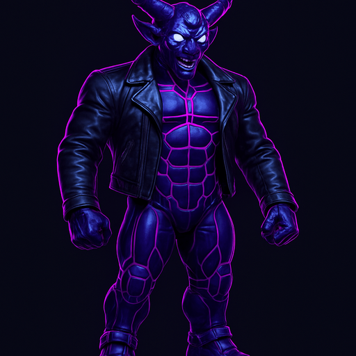 Black leather biker jacket longsleeves bare segmented neon cyberpunk pecs abs muscles robot monster hunk Neon cyberpunk 3d hologram corporate occult demon android mecha robot sentinel guard soldier machine monster fully in frame no part cut off no background anime futuristic Background removed, "Full-body character, entirely in frame, no cropping of face, head, or feet" "Complete character visible, from head to toe, fully centered in the image" "Entire character, including face and boots, fully within the frame" Character fully contained within a square frame, no edges cut off  horns through boots