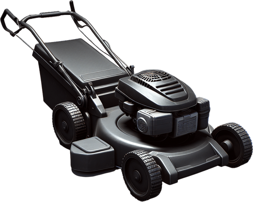 Black lawnmower.
Single Game Texture.  In-Game asset.  2d.  Blank background.  High contrast.  No shadows
