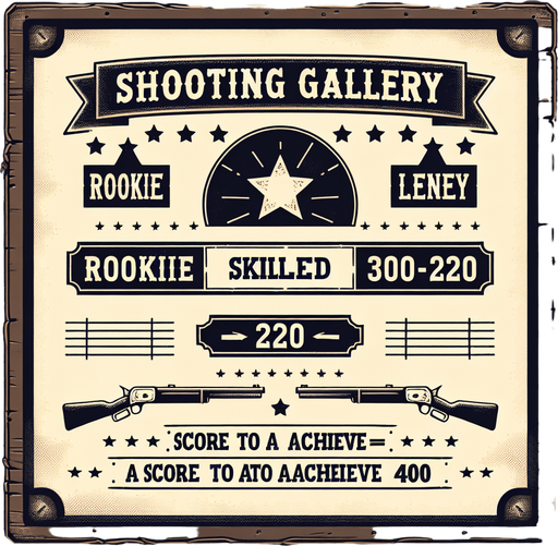 a western shooting gallery ranking charts written rookie (70) skilled(220) legendary (400).
Single Game Texture. In-Game asset. 2d. Blank background. High contrast. No shadows.