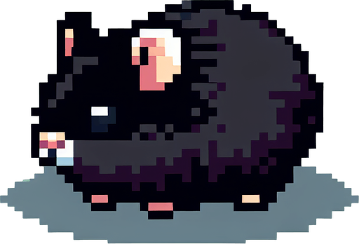 black hamster from pixels.
Single Game Texture. In-Game asset. 2d. Blank background. High contrast. No shadows.