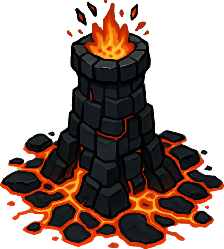 Dark magma tower.
In-Game asset.  2d.  High contrast.  No shadows. Topdown