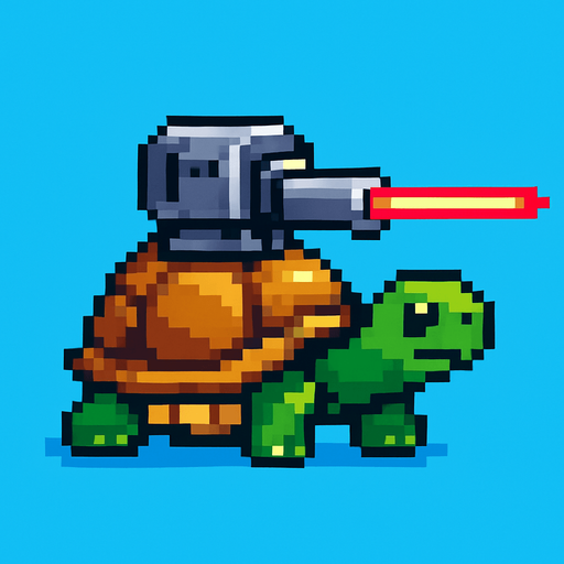 a turtle with a laser on her shell, pixel art.
In-Game asset.  2d.  High contrast.  No shadows