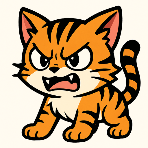 An angry but cute wild cat manga cartoon style.
In-Game asset.  2d.  High contrast.  No shadows