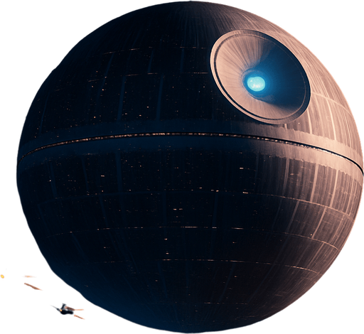 A dramatic sci-fi space background featuring a massive spherical orbital station inspired by the Death Star, orbiting a distant planet. The station has detailed surface structures, illuminated trenches, and a large superlaser dish glowing softly. Surrounding the station are small starfighters flying in formation against a vibrant starfield filled with colorful nebulas in shades of blue, purple, and orange. The distant planet below shows visible continents and atmosphere with soft clouds. The scene is cinematic and mysterious, with dynamic lighting and subtle lens flares to enhance depth and realism. High resolution, widescreen format, concept art style, original and copyright-safe..
In-Game asset.  2d.  High contrast.  No shadows