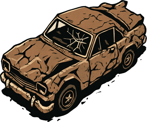 Coche destruido, algo retro visto desde arriba y en posición horizontal.
In-Game asset.  2d.  High contrast.  No shadows