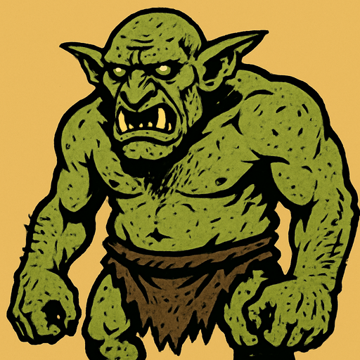 Büyük barbar vahşi pis bir goblin yeşil solgun derili.
In-Game asset.  2d.  High contrast.  No shadows