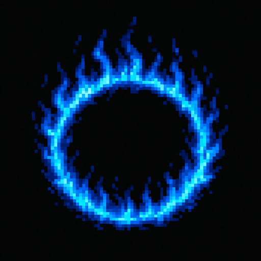 A blue ring of nuclear fire seen from overhead.
Single Game Texture. In-Game asset. 2d. Blank background. High contrast. No shadows. pixel art
