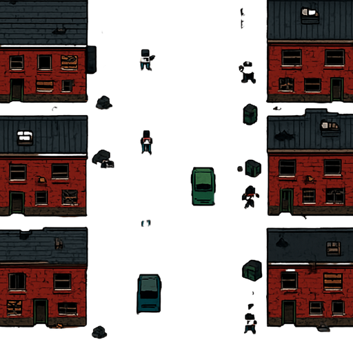 una calle muy ancha de un vecindario peligroso hecho con pixeles y la perspectiva desde el cielo
In-Game asset.  2d.  High contrast.  No shadows