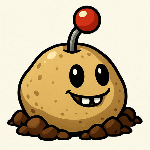 La imagen muestra a una planta del videojuego "Plants vs. Zombies". Es una "Potato Mine" (Papa Mina), un tipo de planta explosiva.

Características de la imagen:

Forma: Tiene una forma redondeada y abultada, como la de una patata, que sobresale del suelo.

Color: Es de color beige o marrón claro.

Textura: Parece tener una superficie algo irregular, sugiriendo la textura de una patata o tierra.

Cara: Posee dos ojos grandes y negros, de forma ovalada, y una pequeña boca sonriente con dos dientes frontales visibles. Esto le da una expresión amigable.

Elemento superior: De la parte superior de la "patata" emerge un tallo gris delgado que sostiene una esfera roja brillante con un pequeño punto blanco en el centro. Esta esfera se asemeja al detonador de una mina o a una palanca de encendido.

Base: Está rodeada por terrones de tierra o rocas pequeñas de color marrón oscuro, dando la impresión de que acaba de brotar del suelo o está parcialmente enterrada..
In-Game asset.  2d.  High contrast.  No shadows