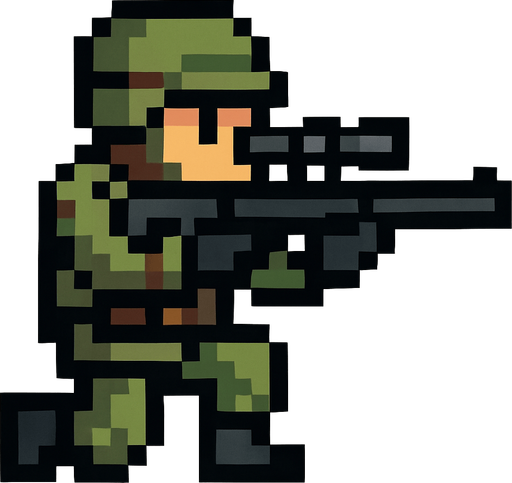 Sniper man pixel style.
In-Game asset.  2d.  High contrast.  No shadows