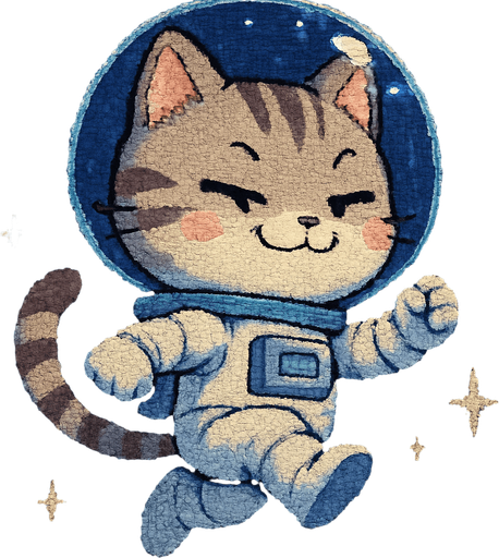 A cute kitten, illustrated in an adorable chibi anime style and wearing an astronaut suit, is leaping through outer space with a smug, confident smile on its face. Its pose is full of playful energy