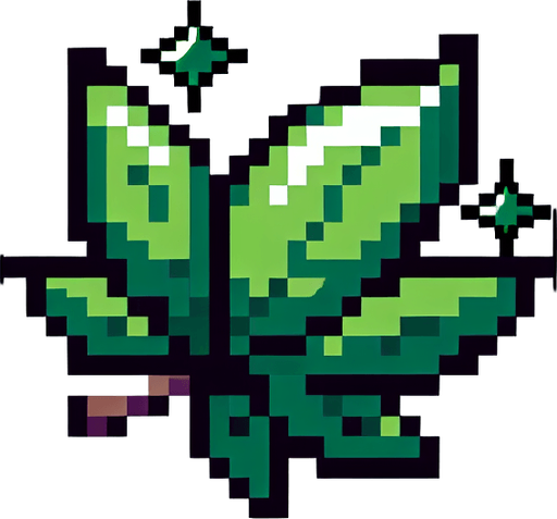 8 bit image anime green leaf.
Single Game Texture.  In-Game asset.  2d.  Blank background.  High contrast.  No shadows