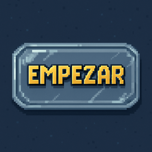 Transparent, colorless glass button that says "Empezar" (Spanish for "Start"), featuring an adventure video game font and Pixel Art style.