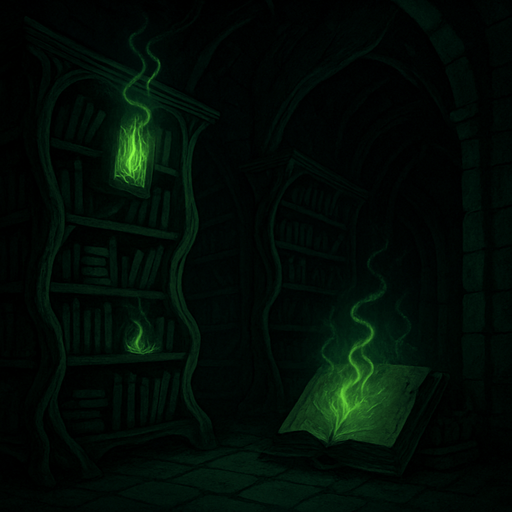 A cursed medieval library with twisted bookshelves, dark green glow from cursed tomes, whispers echoing through shadowed halls, realistic.
In-Game asset.  2d.  High contrast.  No shadows