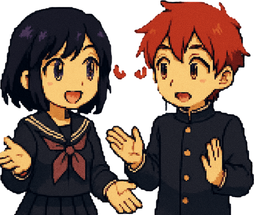 Pixel art illustration. A 15-year-old anime-style boy and girl in Japanese school uniforms are talking while gesturing with their hands. Very close to them is a row of lockers. In the one at the center, a pair of glowing red eyes peer through the slats. They belong to a yandere—obsessed, crazy, and jealous—whose face and body remain hidden in the darkness inside the locker.
