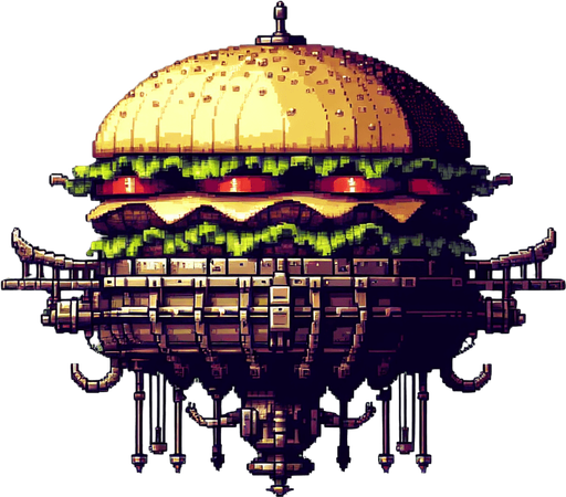 an evil burger airship.
Single Game Texture. In-Game asset. 2d. Blank background. High contrast. No shadows. 8bit