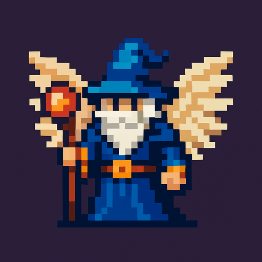 kanatlı piksel büyücü.
In-Game asset.  2d.  High contrast.  No shadows