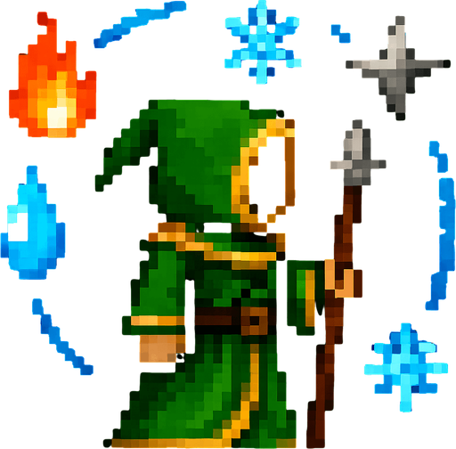 Same wizard but looking left and with other elements and in a green cloak