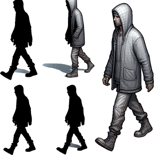 Бомж идёт.
Single Game Texture. In-Game asset. 2d. Blank background. High contrast. No shadows.