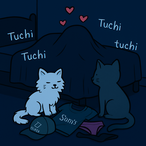 Los gatitos estan separados, sus dueños estan debajo de las sabanas tapados, los corazones deben estar arriba de la silueta en la cama, y los textos de tuchi tuchi igual.

eS UNA ESCENA ALGO MORBOSA pero no se ve nada, que la figura en las sabanas abarque gran parte de la cama