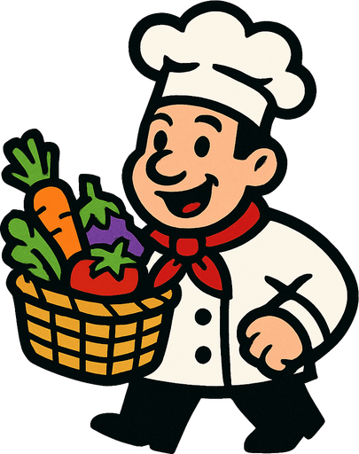 Chef con una cesta en la mano.
In-Game asset.  2d.  High contrast.  No shadows